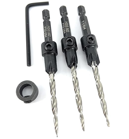 FTG USA Adjustable Wood Countersink Drill Bit Set 3 Pc #8 (11/64"") with Tapered Drill Bit for Woodworking