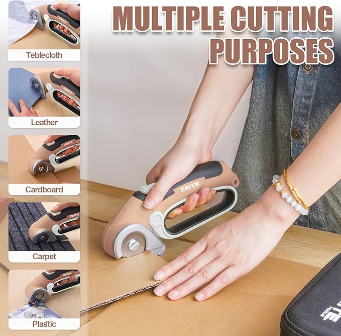 ZEITE 4V Cordless Electric Scissors Cardboard Cutter with 2 Blades,Storage Case,Rotary Cutter for Box Plastic Carpet Fabric, Easy to Hold and Safe,Mocha
