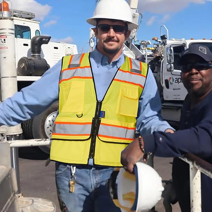 A-SAFETY High Vis Reflective Safety Vest for Men Women Zipper Ipad Pockets Mesh Construction Apparel Neon Vest for Work