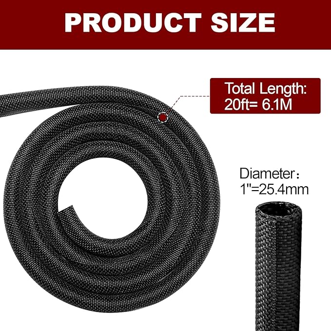 Automotive Wire Loom High Temperature Braided Wire Loom, Split-Sleeve Heat Resistant Wiring Loom Cord Cover for Harness Wires, Self-Wrapping Heavy Duty Sheathing Cable Management Black（20ft-1inch ）