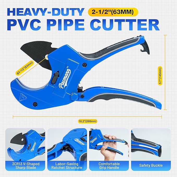 PVC Pipe Cutter, Up to 2-1/2", Ratchet Pipe Cutter Heavy-Duty, Pex Cutting Tool for Cutting PEX, PVC, PPR Plastic Hoses and Plumbing Pipe with Deburring Tool