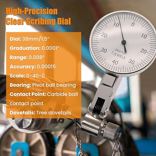 0.0001" Dial Indicator Brass Test Indicator with 7 Jewels Bearings Accuracy 0.00015 Big Face Imperial Dial Indicator for Machinist Engineer Inspection Measurement (Model 201-0068)