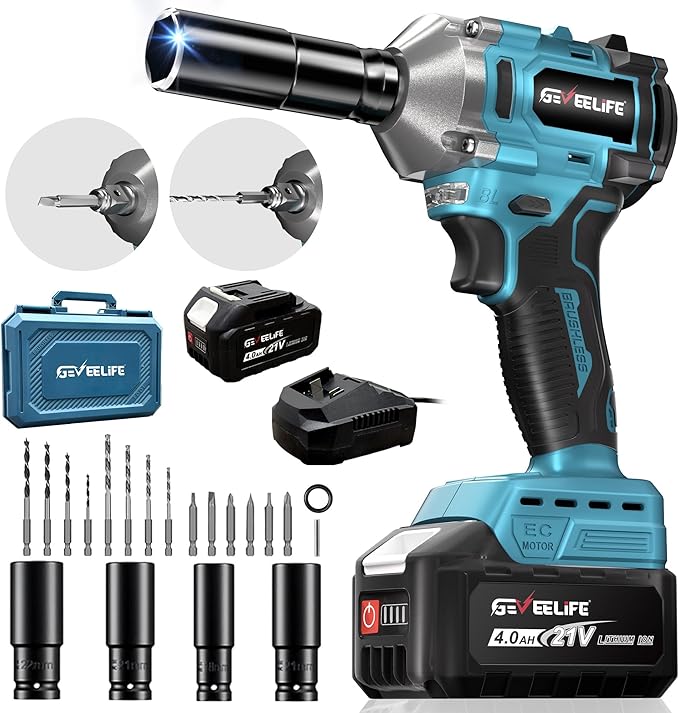 450N.m/332Ft-lbs Brushless Impact Wrench,1/2" Cordless Impact Gun with 4.0Ah Battery & 6 Sockets, Electric Impact Driver for Car/DIY Furniture/Lawn Mower/blue (450N)