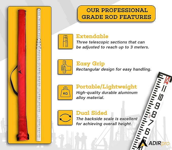 AdirPro 14-Foot Aluminum Grade Rod – 8ths, Dual Sided 5-Section Telescopic Leveling Rod – Bubble Level and Soft Carrying Case Included