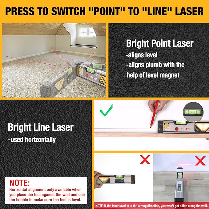PREXISO 2-in-1 Laser Level 12 in Spirit Level with Light, 100Ft Alignment Point & 30Ft Leveling Line, Magnetic Laser Leveler Tool for Construction Picture Hanging Wall Writing Painting Home Renovation
