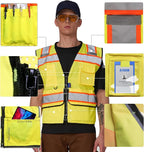 A-SAFETY High Vis Reflective Safety Vest for Men Women Zipper Ipad Pockets Mesh Construction Apparel Neon Vest for Work
