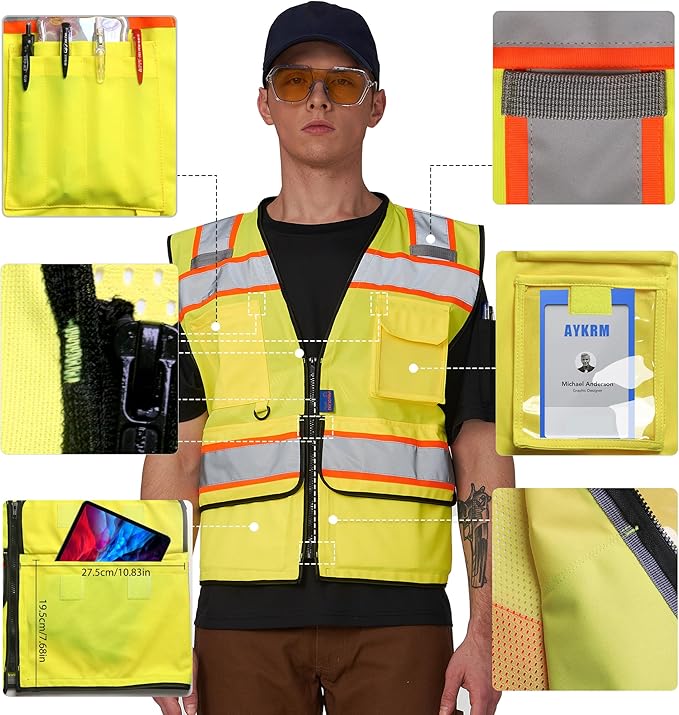 A-SAFETY High Vis Reflective Safety Vest for Men Women Zipper Ipad Pockets Mesh Construction Apparel Neon Vest for Work