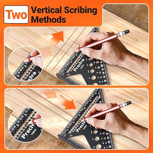 Preciva Carpenter Square 7 inch, 1/16" Precision Rafter Square Aluminum Alloy with Limiter and Pencil, Multi-Purpose Carpenter Tool Measuring Layout Tool for Woodworking and Carpentry