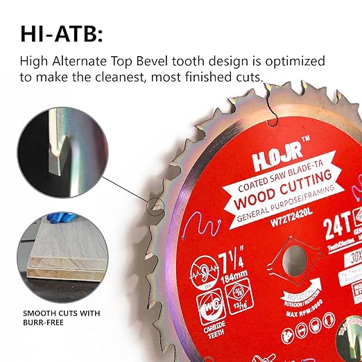 Circular Saw Blades Woodworking TA Series,7-1/4" 24-Tooth 5/8" Arbor Framing/General Purpose Saw Blade,Special Anti-Thermal Adhesion Coating on Cutting Edges -TA, 7-1/4" 24T TA