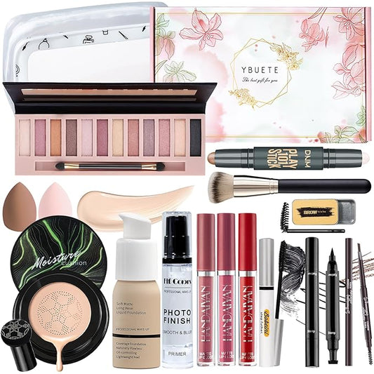 Makeup Kit Set for Women, Makeup Present for Women Teen Girl, Eyeshadow Foundation CC Cream Face Primer, Makeup Brush Sponge, Lipstick, Eyebrow Soap Pencil Mascara Eyeliner Cosmetic bag-VeraVaultWomen