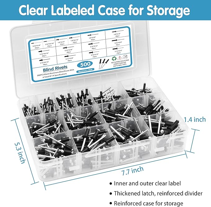 500pcs Black Rivets Pop Rivets Assortment Kit, 14 SAE Sizes Aluminum Rivets (3/32" 1/8" 5/32" 3/16"), Assorted Blind Rivets with Reinfored Divider & Labeled Case for Storage