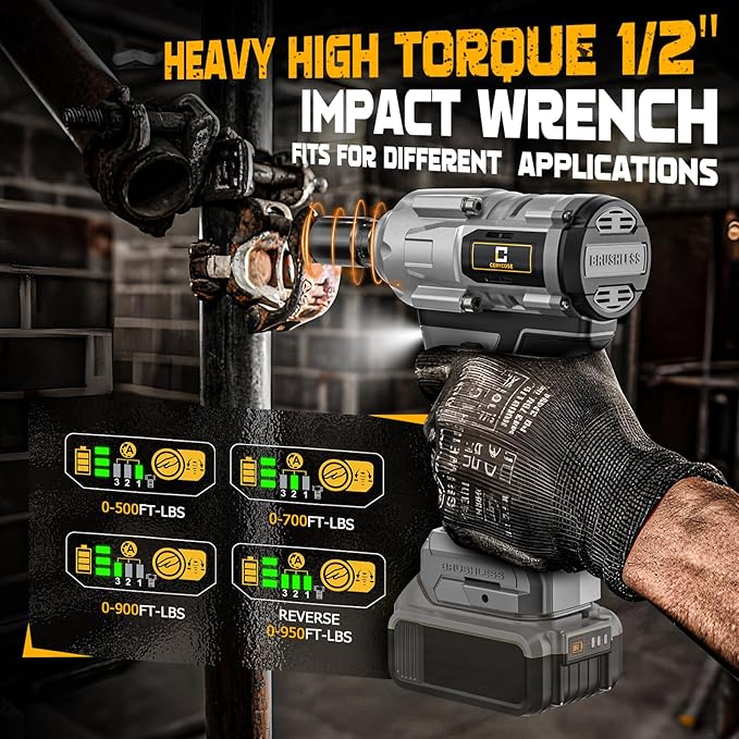 Cordless Impact Wrench 1/2 inch for Dewalt Battery 900FT-LBS with 6 Sockets and Durable Toolbox Brushless Impact Gun Includes LED Work Light (950Ft-lbs Wrench with 6 Sockets)