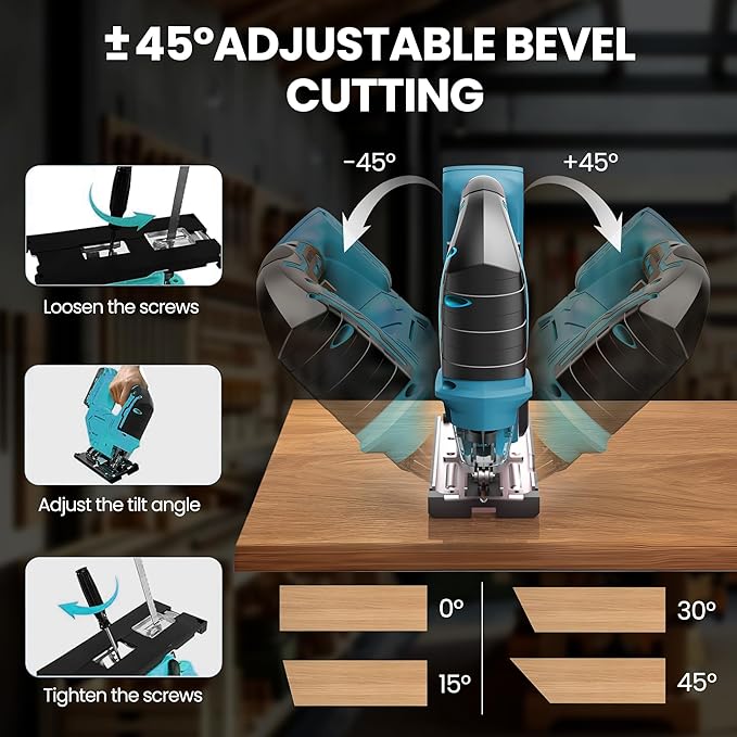 Cordless Jigsaw with LED Work Light, 0°- 45° Bevel Cuts, 3 Orbital Settings for Straight/Curve/Bevel/Circle Cutting (Compatible with Makita 18V Battery)