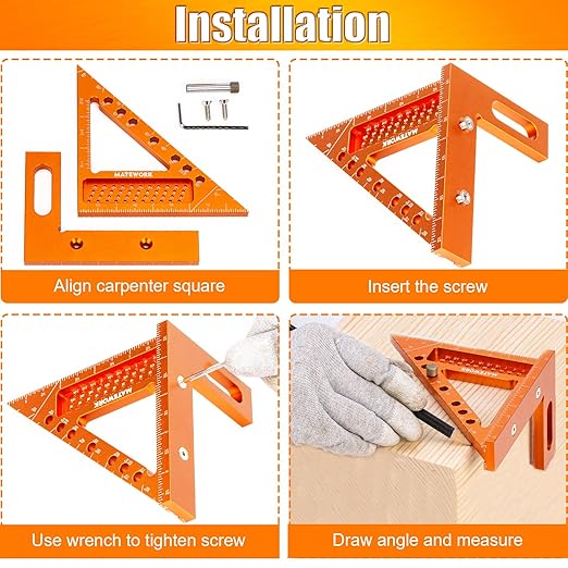 Carpenter Square, 4 inch Aluminum Carpenter Square Tool, Draw Angle Measuring Ruler Tool for Woodworking, Rafter Square Orange