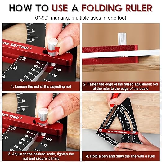 7 inch Carpenter Square, Woodworking Triangle Ruler Set, CNC Aluminum Alloy Framing Square, Adjustable Angle Carpentry Triangle Ruler, Multifunction Carpenter Square Protractor with 5 Pencils