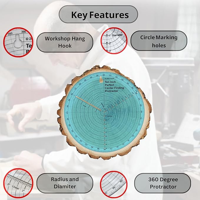 clearly printed 10" circle center finder tool, protractor, and circle maker tool and compass for woodworking and wood turning. Find the center of timber or dowel with our center finder ruler.