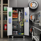 71" H Broom Closet Storage Cabinet with Wheels,Rolling Tool Cabinet with Lockable and Magnetic Doors,Adjustable Shelves and Pegboard for Garage Warehouse Home,Required Assembly,Black and White