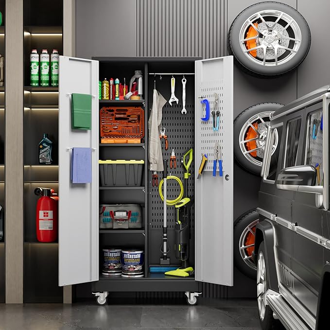 71" H Broom Closet Storage Cabinet with Wheels,Rolling Tool Cabinet with Lockable and Magnetic Doors,Adjustable Shelves and Pegboard for Garage Warehouse Home,Required Assembly,Black and White