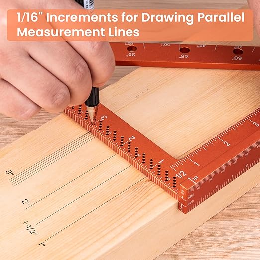 Neitra Square Ruler with Fixed Angle Pin, Accurate Compact Aluminum Alloy Squares with Laser Etched Markings for Carpenter Woodworking Furniture Projects (Orange, 7 Inch)