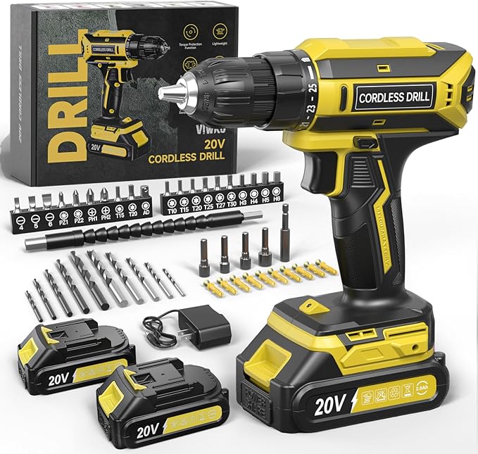 Cordless Drill, 20V MAX Power Drill Set with Dual Power Pack & Charger, 3/8 Inch Keyless Chuck, Variable Speed, 25+1 Position and 56PCS Bits/Screws, Power Tools for Home Projects