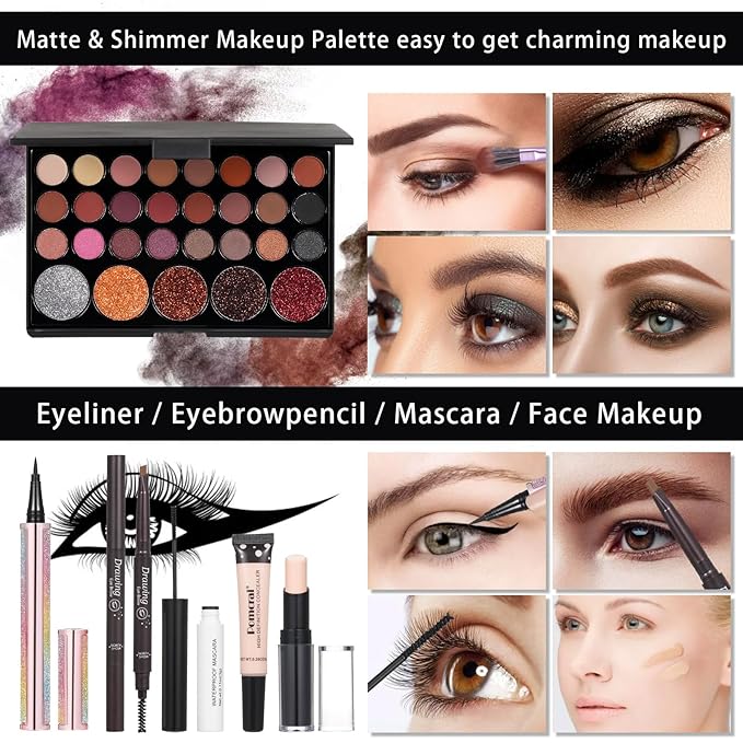 Makeup Kit For Wonmen Full Kit Eyeshadow Eyeliner lipgloss, Lipstick Makeup brushes Mascara Eyebrow pencil Concealer Face Powder Primer make up Set For Girls Beginners-VeraVaultWomen