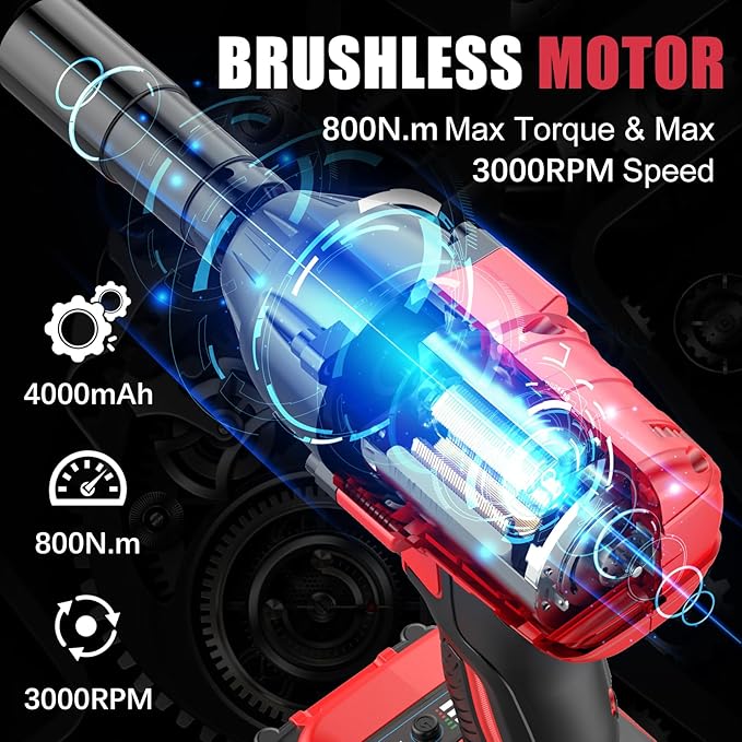 Cordless Impact Wrench 1/2 inch, 590 Ft-lbs (800N.m) Brushless Impact Gun, 21V High Torque Power Impact Driver, 2x4.0Ah Battery, Fast Charger,5 Impact Sockets for Family Car and Scaffold