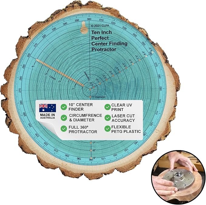 clearly printed 10" circle center finder tool, protractor, and circle maker tool and compass for woodworking and wood turning. Find the center of timber or dowel with our center finder ruler.
