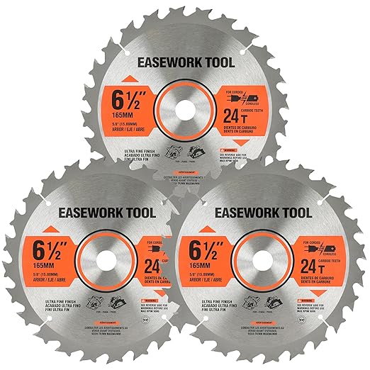 6-1/2 Inch Circular Saw Blade, 24T, 5/8" Arbor, ATB Carbide Teeth, 3-Pack, Fast Crosscutting for Softwood & Hardwood
