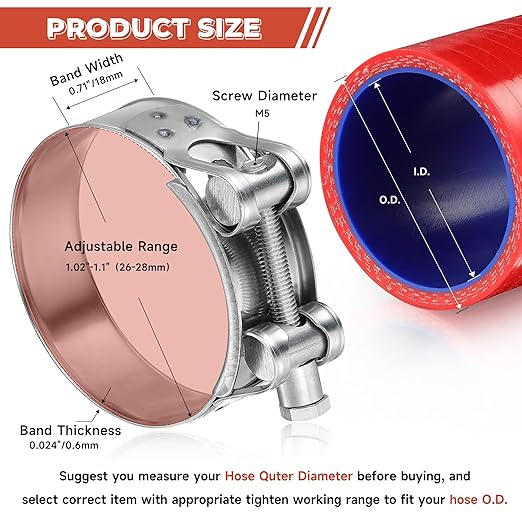 AKIHISA 4 Pack 26-28mm ID Range T-Bolt Hose Clamps 304 Stainless Steel Heavy Duty Adjustable Tube Clamp1 to 1.1 Inch