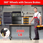 48'' Adjustable Workbench, Heavy Duty Workbench with Power Outlet and Lockable Wheels, 2000 LBS Capacity, Work Table Suitable for Office, Garage, Workshop