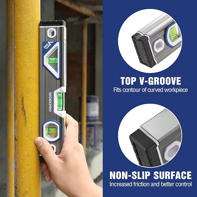 WORKPRO 10 Inch Torpedo Level, Small Leveler Tool, 3 Bubble Vials, Verti. Site, for Conduit Bending, Aluminum Alloy Construction