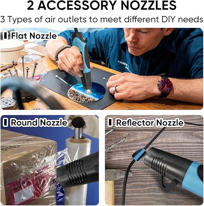 ROMECH 350W Heat Gun with 2 Nozzles, Dual Temp Heat Gun 400°F-660°F, Fast Heat Hot Air Gun with Overload Protection for DIY Craft Embossing Shrink Wrapping (Cyan)