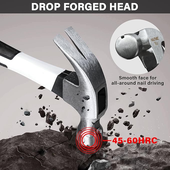 HAUTMEC 16 oz Claw Hammer, Drop Forged Claw Hammers with Magnetic Nail Holder and Firberglass Handle, Curved Jaw of Nail Puller, Smooth Face, HTMAM25003