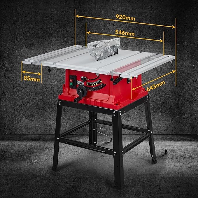 PioneerWorks 10 Inch Table Saw, 15A Multifunctional Saw With Stand & Push Stick, 90° Cross Cut & 0-45° Bevel Cut, 5000RPM, Adjustable Blade Height for Woodworking
