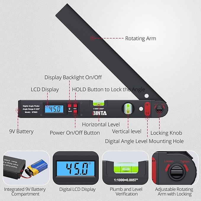 BINTA Digital Angle Finder 0-225° Range, Aluminum Backlit LCD Digital Protractor with Horizontal/Vertical Dual Bubble Meter Storage Bag for Woodworking, Construction, Machinery, Home DIY (Black)
