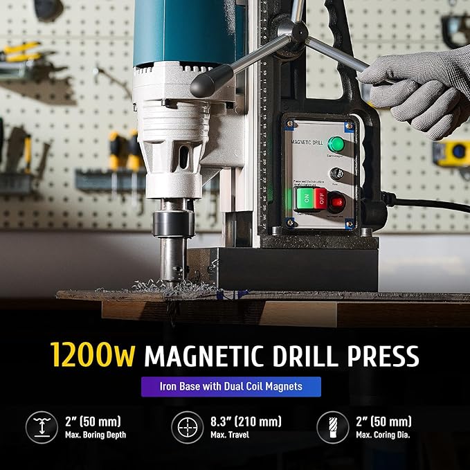 ZELCAN 1200W Mag Drill Press, Portable Magnetic Drill Press with 2" Boring Diameter, Heavy Duty Magnetic Drill with 6 Drill Bits, 2920 lbf 500 rpm Electric Drilling Machine with All-Copper Motor