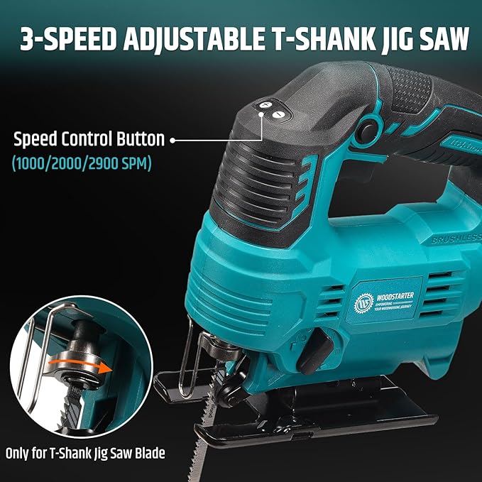 Cordless Jigsaw for Makita 18V, Brushless, 1000-2900SPM, 4-Position Orbital, 65mm Wood/Metal/PVC Cutting, Vacuum, LED Light, T-Shank Blade, with Battery & Charger, 0°-45°Bevel Cuts