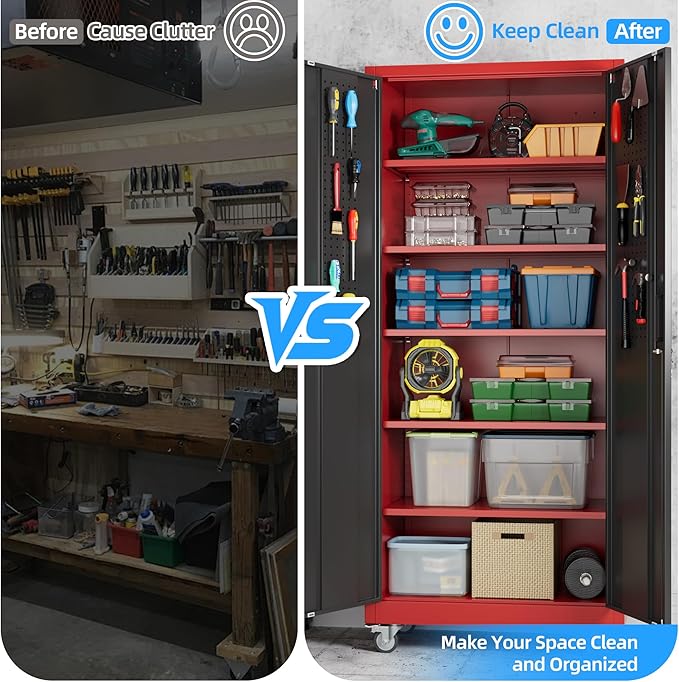 71" H×32" W×16" D Garage Storage Cabinet with Wheels, Locking Metal Storage Cabinet with 5 Adjustable Shelves, 4 Hooks and Pegboard for Garage, Home Office, Kitchen, Black and Red