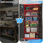 71" H×32" W×16" D Garage Storage Cabinet with Wheels, Locking Metal Storage Cabinet with 5 Adjustable Shelves, 4 Hooks and Pegboard for Garage, Home Office, Kitchen, Black and Red