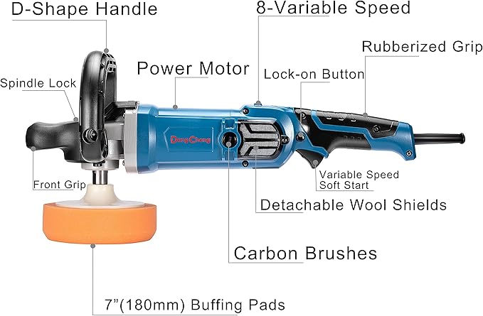 DongCheng Buffer Polisher, 1250W Car Buffer with 600-3500 RPM. 7 Inch Mini Polisher with 8 Variable Speed, Detachable D-shape Handle, Car Buffer Waxer for Car/Boats Detailing and Waxing
