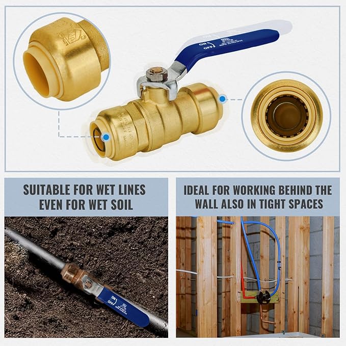 Shut Off Ball Valve 3/4 Inch, SUNGATOR 3/4 Inch Ball Valve, Push-to-Connect Water Shutoff with Blule Handle, No Lead Brass Plumbing Fittings for PEX Pipe, Copper,CPVC, Pack of 1