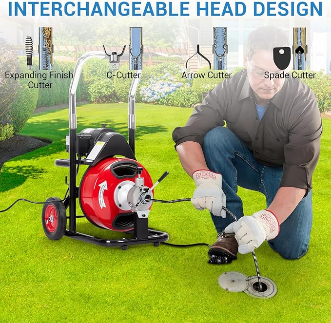 75Ft 3/8 Inch Electric Drain Cleaner Machine Auto Feed Drain Auger for 1 to 4 Inch Pipes Professional Sewer Snake with 4 Cutters Gloves Heavy Duty Clog Remover