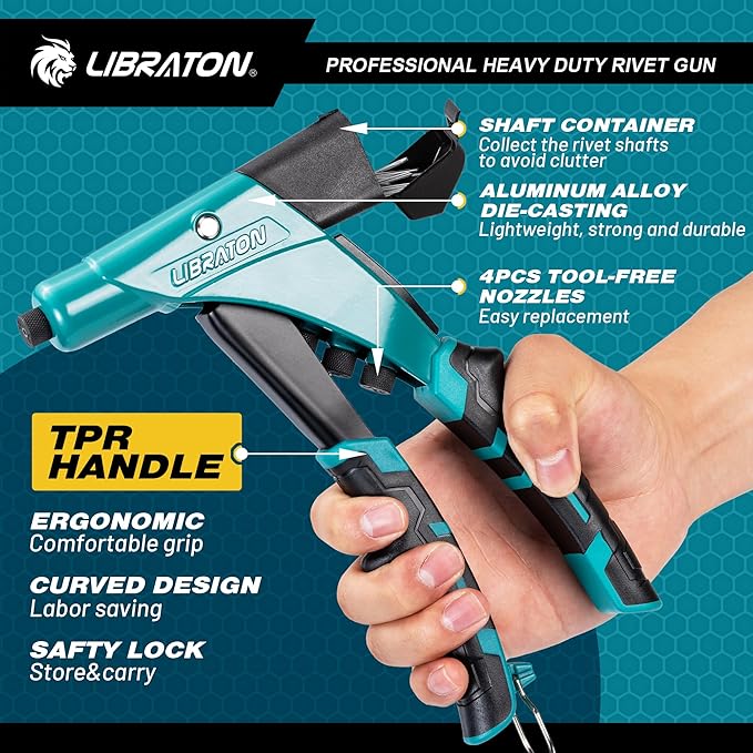 LIBRATON Professional Heavy Duty Rivet Gun, One-Handed Pop Rivet Gun Set, Robust Riveter with Shaft Container, Manual Riveting Tool, Tool-Free Interchangeable Heads, for Metal, Wood and Plastic