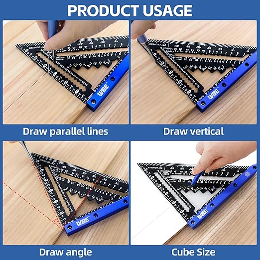 7inch Rafter Square with Carpenter Pencil, 1/8" Precision Heavy Duty Aluminum Woodworking Rule,Laser Etched Scale, Triangle-Ruler Measuring Layout Tool -Blue (Blue & Black)
