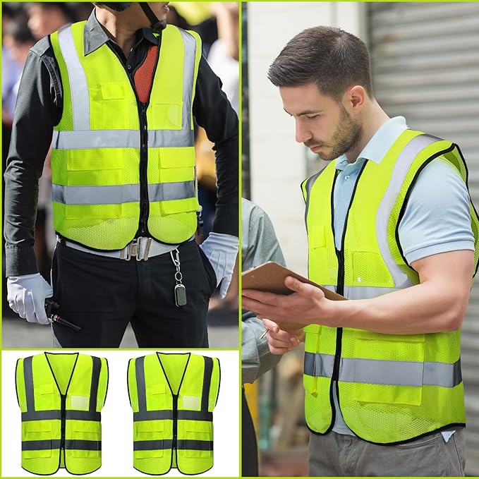 15 Pack Safety Vests Bulk Yellow Reflective High Visibility Vest with Mesh Pocket Zipper, Hi Vis Silver Strip for Men, Neon