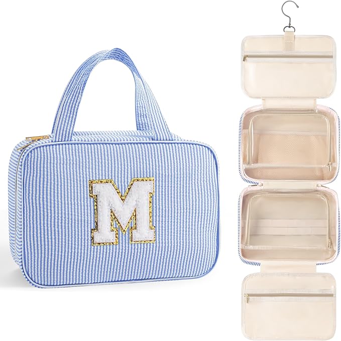 TOPEAST Initial Makeup Bag - Travel Toiletry Bag for Women, Personalized Birthday Gifts for Women Teen Girls Sister Daughter, Travel Tolietry Bag Monogramme Makeup Bag - Letter M, Blue