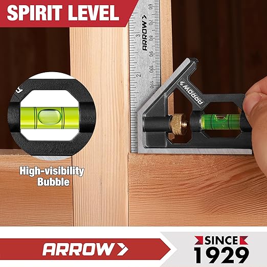 Arrow Combination Square, 6-Inch Combo Square with Stainless Steel Ruler, Zinc Alloy Body and Bubble Level for Carpenters and Craftsmen