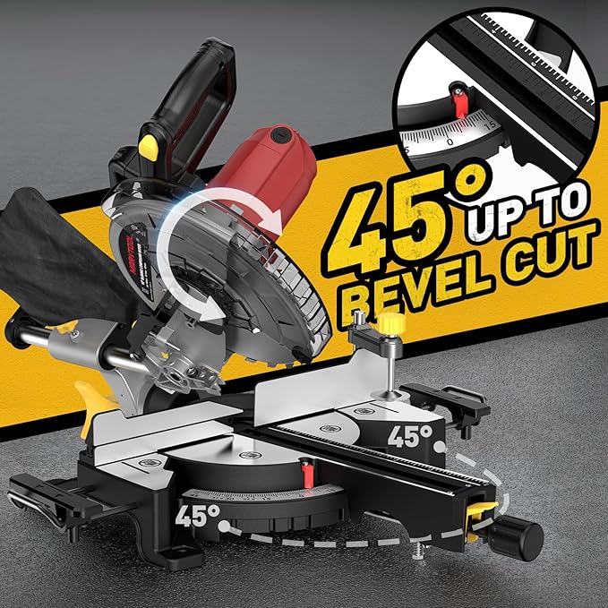 10-inch Sliding Compound Miter Saw, 4800RPM, 15 Amp, Single Bevel 0-45° with Extension Table, 36T Blade, Power Saw for Metal, Plastic, Wood, Laminates
