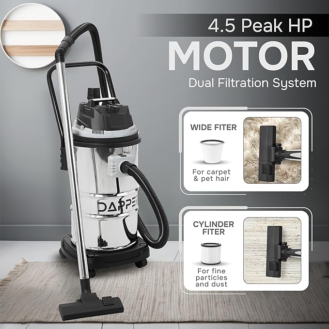 16 Gallon 4.5 Peak HP Wet/Dry Vacuum, Stainless Steel Tank, 3 in 1 Function Portable Shop Vacuum with Attachments, Ideal for Jobsite, Garage & Workshop.