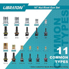 LIBRATON 16" Rivet Nut Tool, Rivet Nut Gun, Hand Rivet Nut Setter with 110PCS Rivet Nuts, 11PCS Metric & SAE Interchangeable Mandrels and Carrying Case, Easy Replace